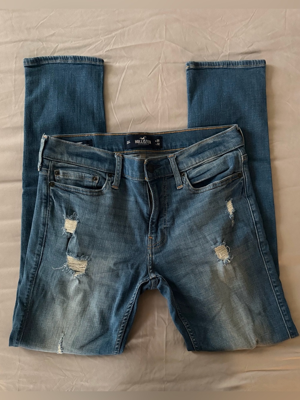 Hollister Mens Advanced Stretch Skinny Distressed Blue Denim Jeans W30 L32